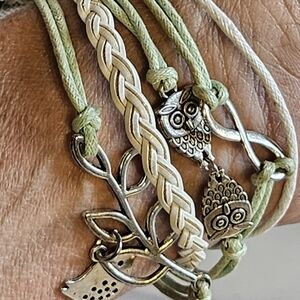 NWT - Chic Silver and Green Owl Braided Bracelet